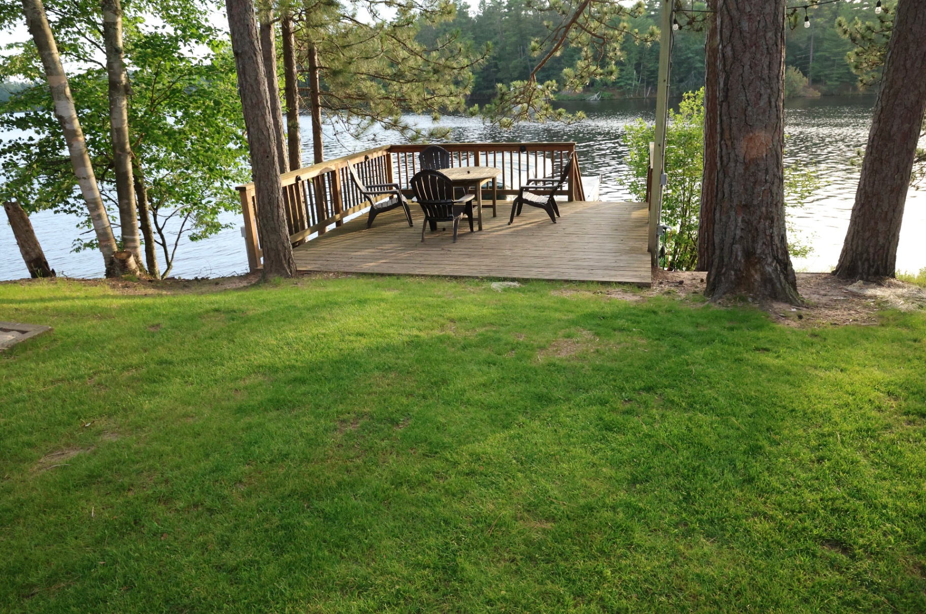 Lakeside deck with chairs and table under the pines